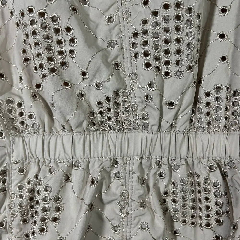 White House Black Market WHBM Sz 12 Beige Eyelet Jacket Full Zip Mock Neck Boho